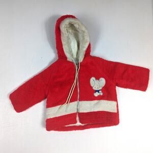 Vtg Baby B Coat Red Fuzzy Mouse 60/70s Boys Sz 9-12m